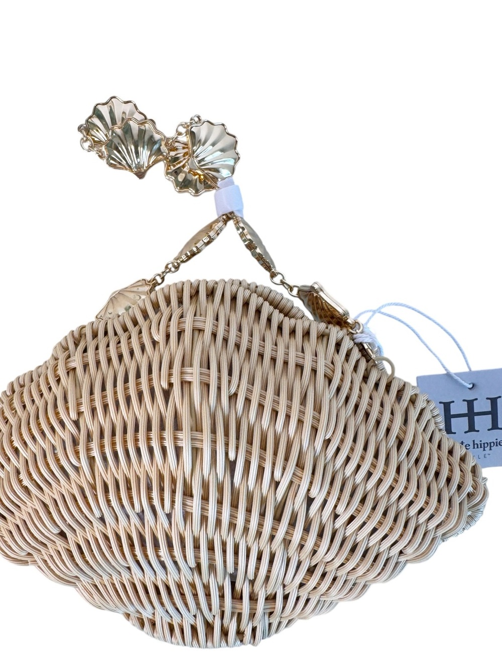 HAUTE HIPPIE NWT Woven Seashell Hand Bag w Gold Seashell Chain - Picture 3 of 13